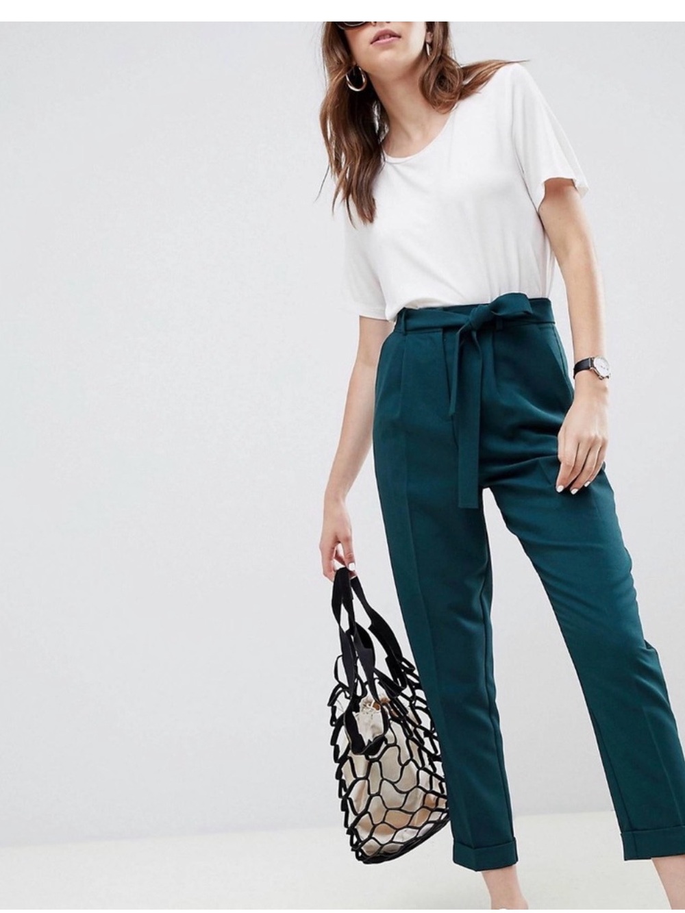 ASOS High-Waist Tie-Belt Tapered Pants in Teal Green